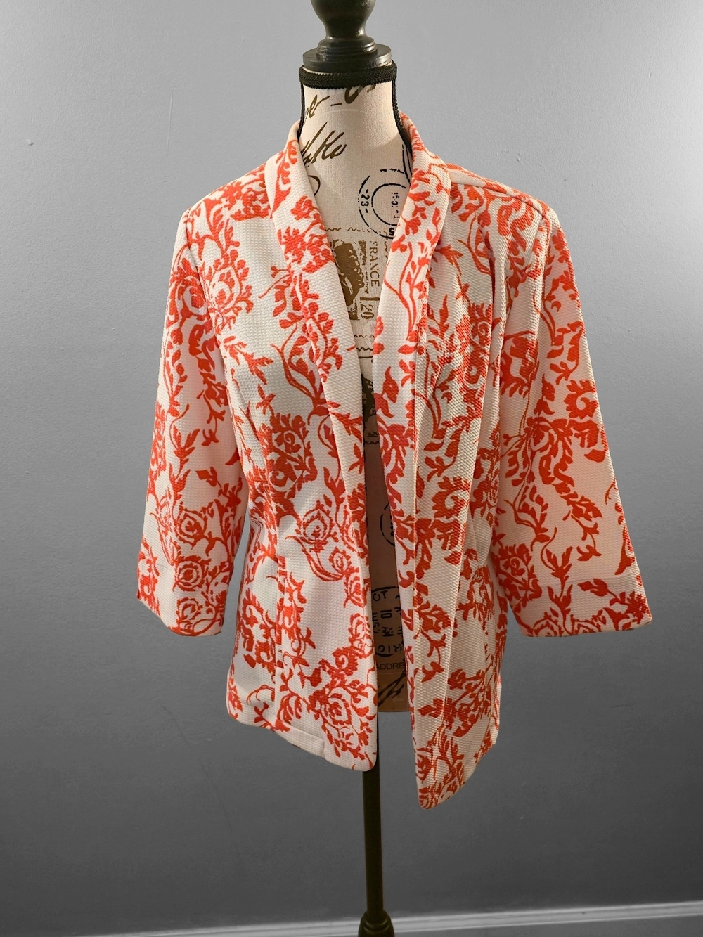 Christopher & Banks White and Orange Floral Open Blazer
